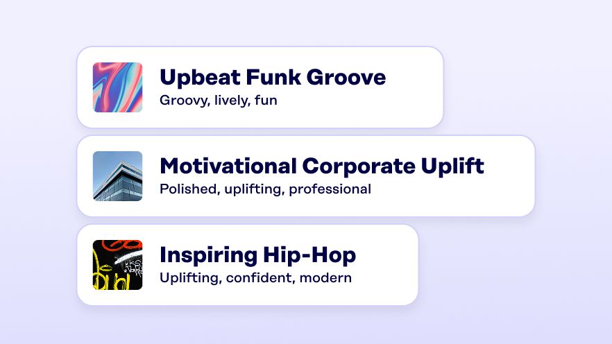 Rockbot AI Voice background track selection screen showing music options including Upbeat Funk Groove, Motivational Corporate Uplift, and Inspiring Hip-Hop.