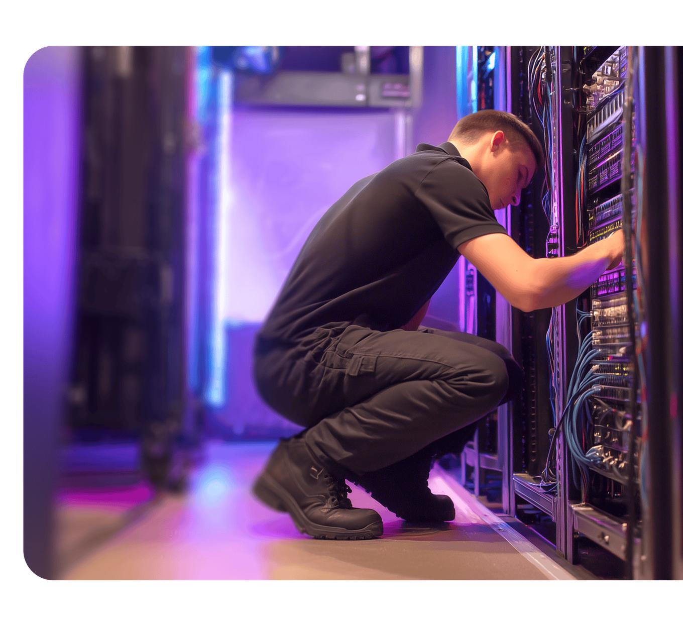 Technician setting up commercial A/V equipment, illustrating Rockbot’s total hardware solutions for business media systems.
