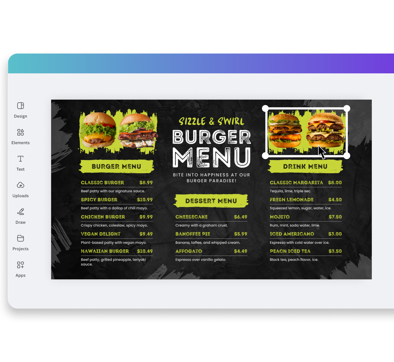 A menu example being created in Canva