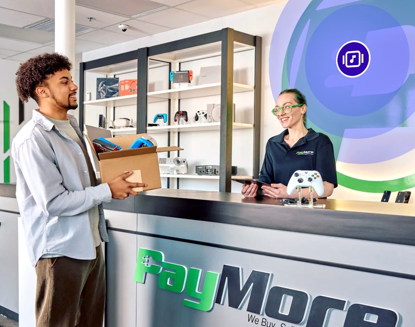 PayMore employee assisting customers at the checkout counter with Rockbot-powered in-store audio playing