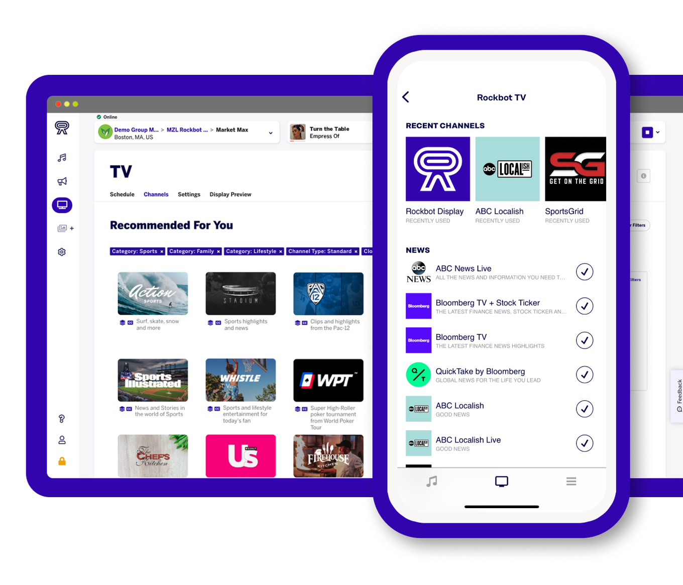 Screenshot of Rockbot's TV Desktop interface and the Rockbot Remote App