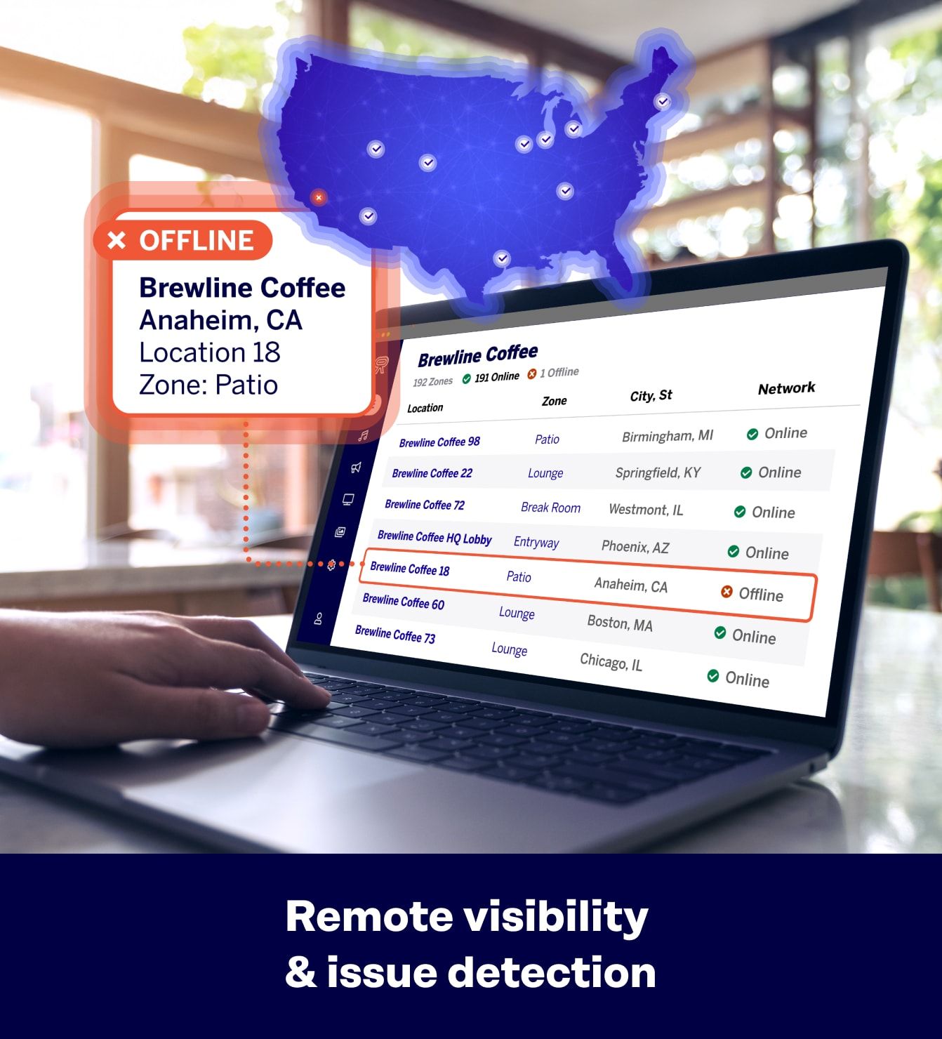 Rockbot Smart Amp dashboard showing offline location alert and national network map for remote visibility and issue detection.