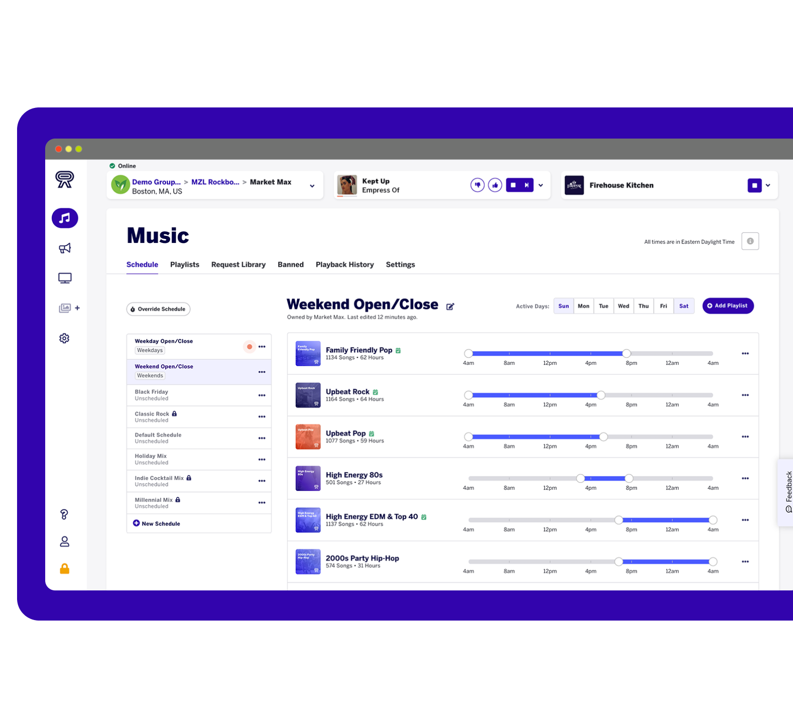 The Rockbot Music playlist scheduling feature on the dashboard