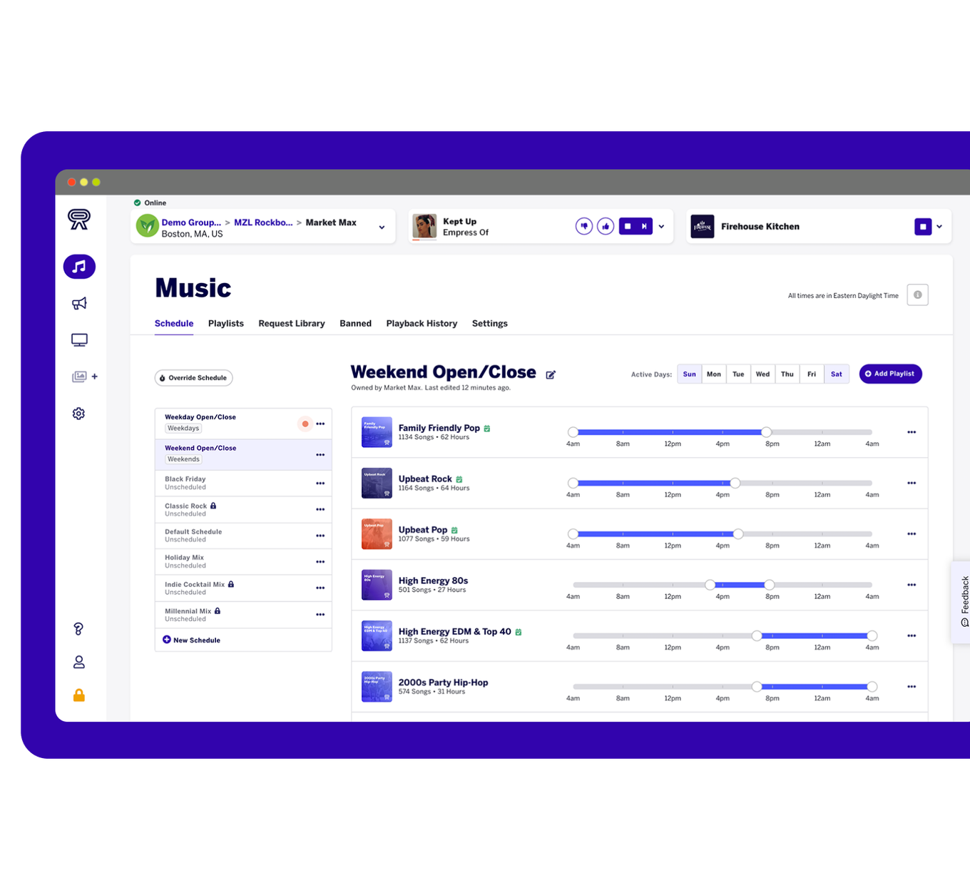 The Rockbot Music playlist scheduling feature on the dashboard