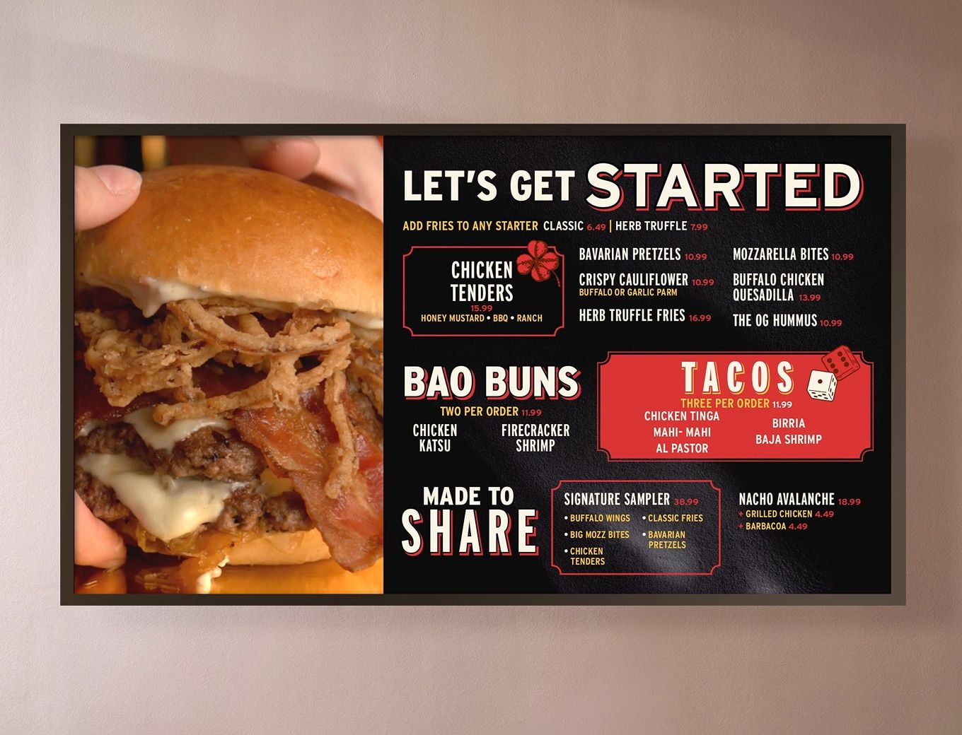 Lucky Strike digital menu board displaying food and drink promotions including burgers and tacos
