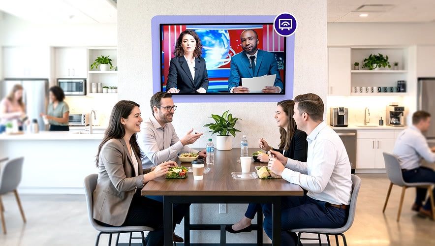 Rockbot TV showing news content in a corporate office break room