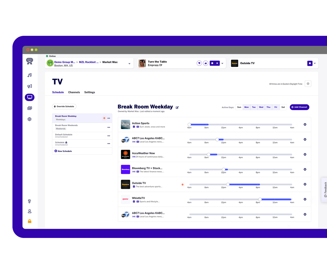 Screenshot of Rockbot's TV scheduling interface