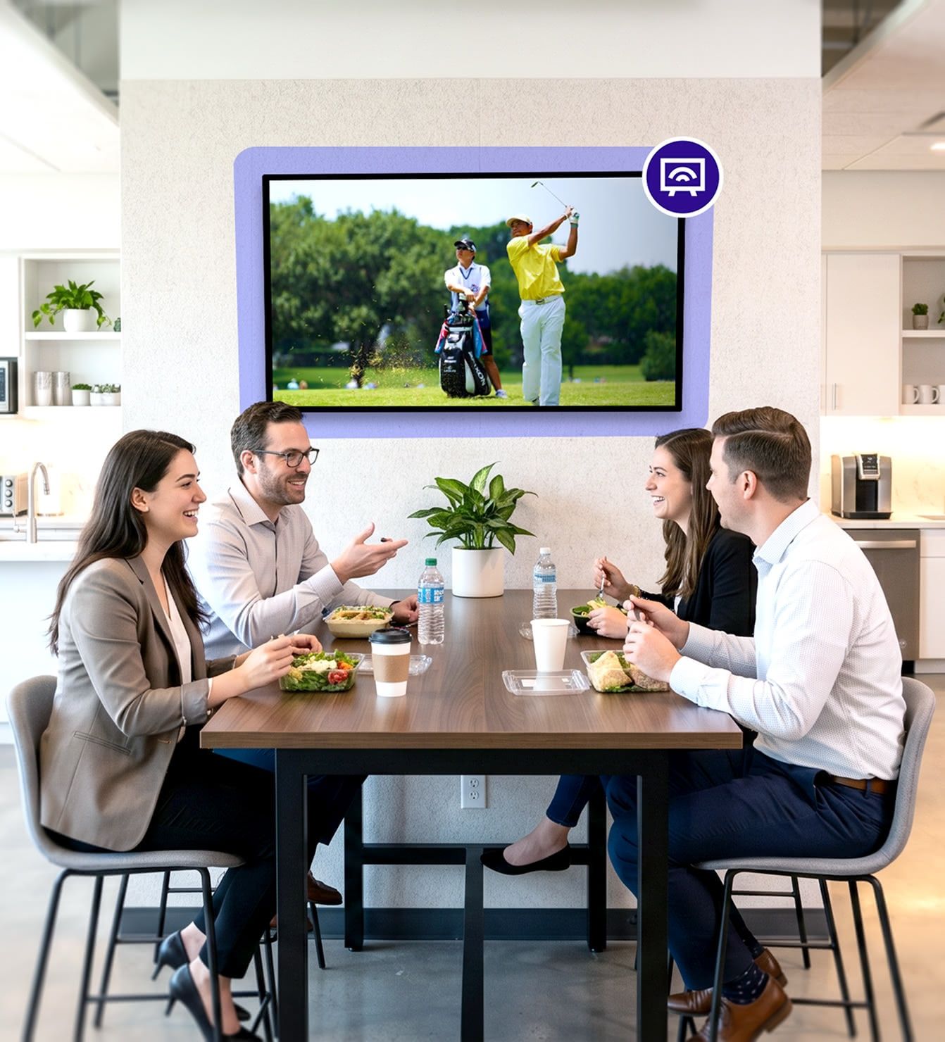 Employees watching golf on Rockbot TV in an office break room