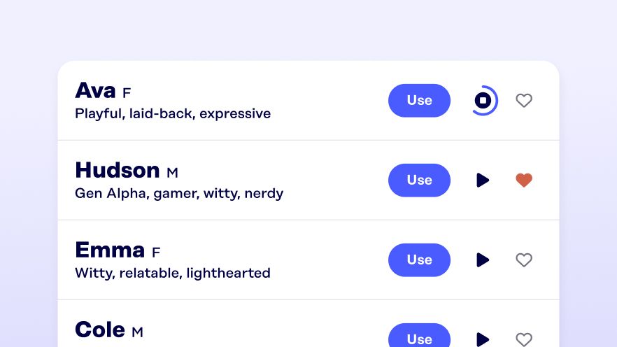 Rockbot AI Voice voice selection screen showing a library of business-friendly AI voices including Ava, Hudson, Emma, and Cole with personality descriptors.