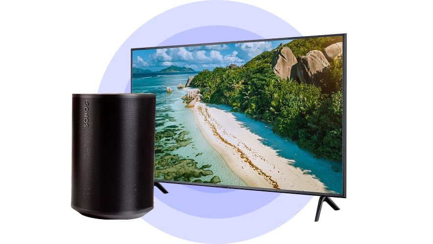 Smart TV and speaker representing Rockbot compatibility with trusted platforms like Sonos, Samsung Tizen, and Android TV.