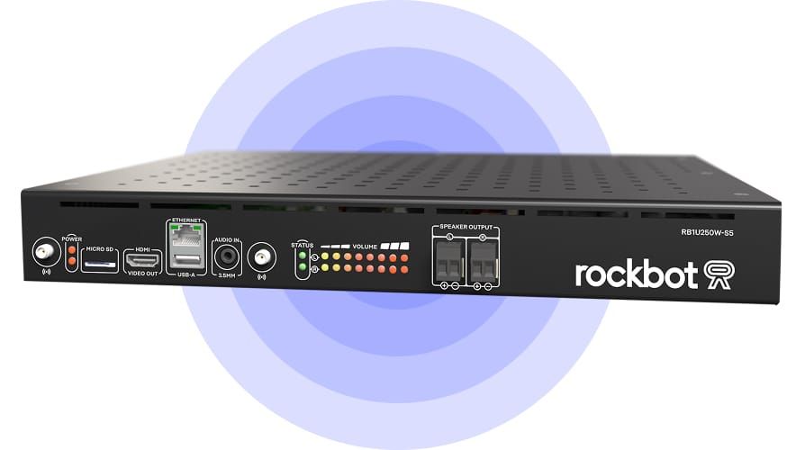 Rockbot Smart Amp all-in-one amplifier and media player device, designed for simplified commercial A/V setup and remote control.