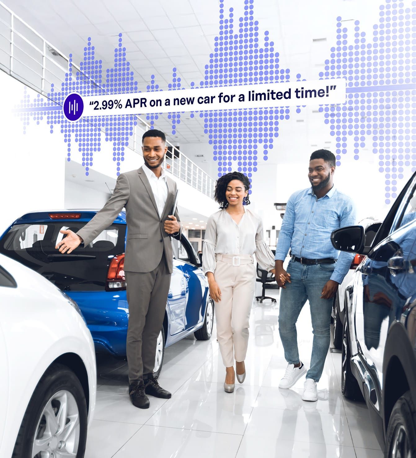 People in car showroom with audio message advertising 2.99% APR