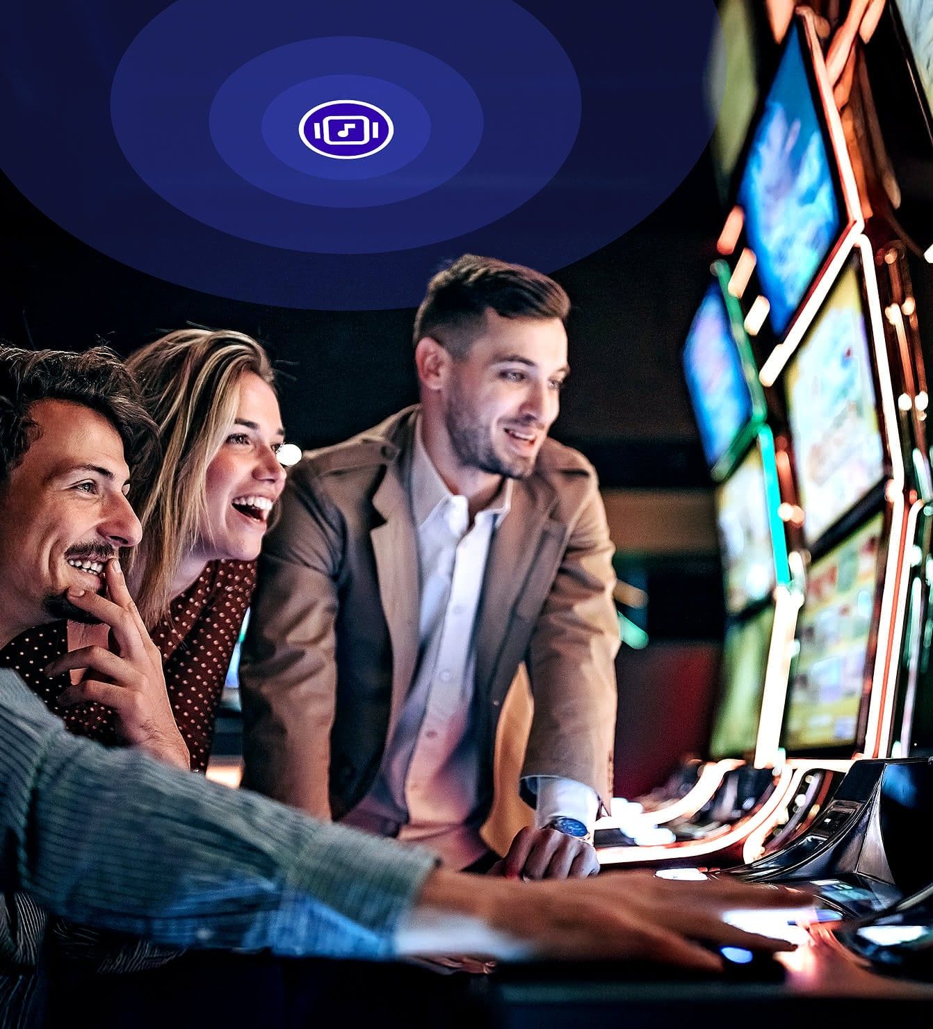 A group of friends gambling with Rockbot Music playing overhead