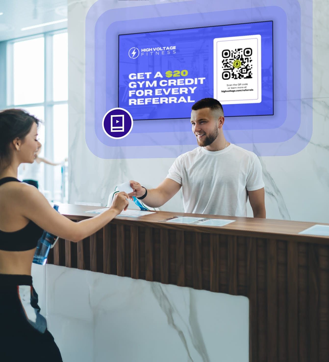 Rockbot Dynamic digital signage for business promoting a gym referral program with QR code