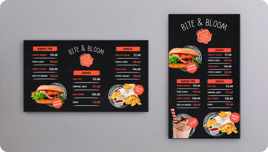 Two TV screens side by side showing horizontal and vertical display menus.