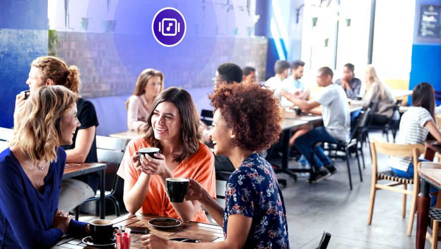 Crowded restaurant with Rockbot Music playing in the background