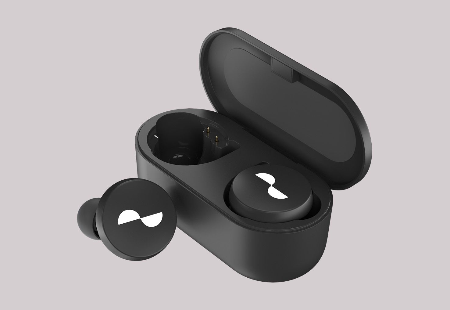 Angled shot of NURATRUE earbuds with battery case