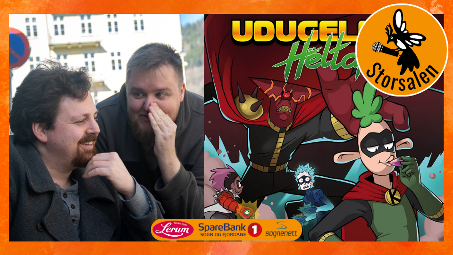Bilde av Markus og Lars, samt ei forside av Udugelege heltar.