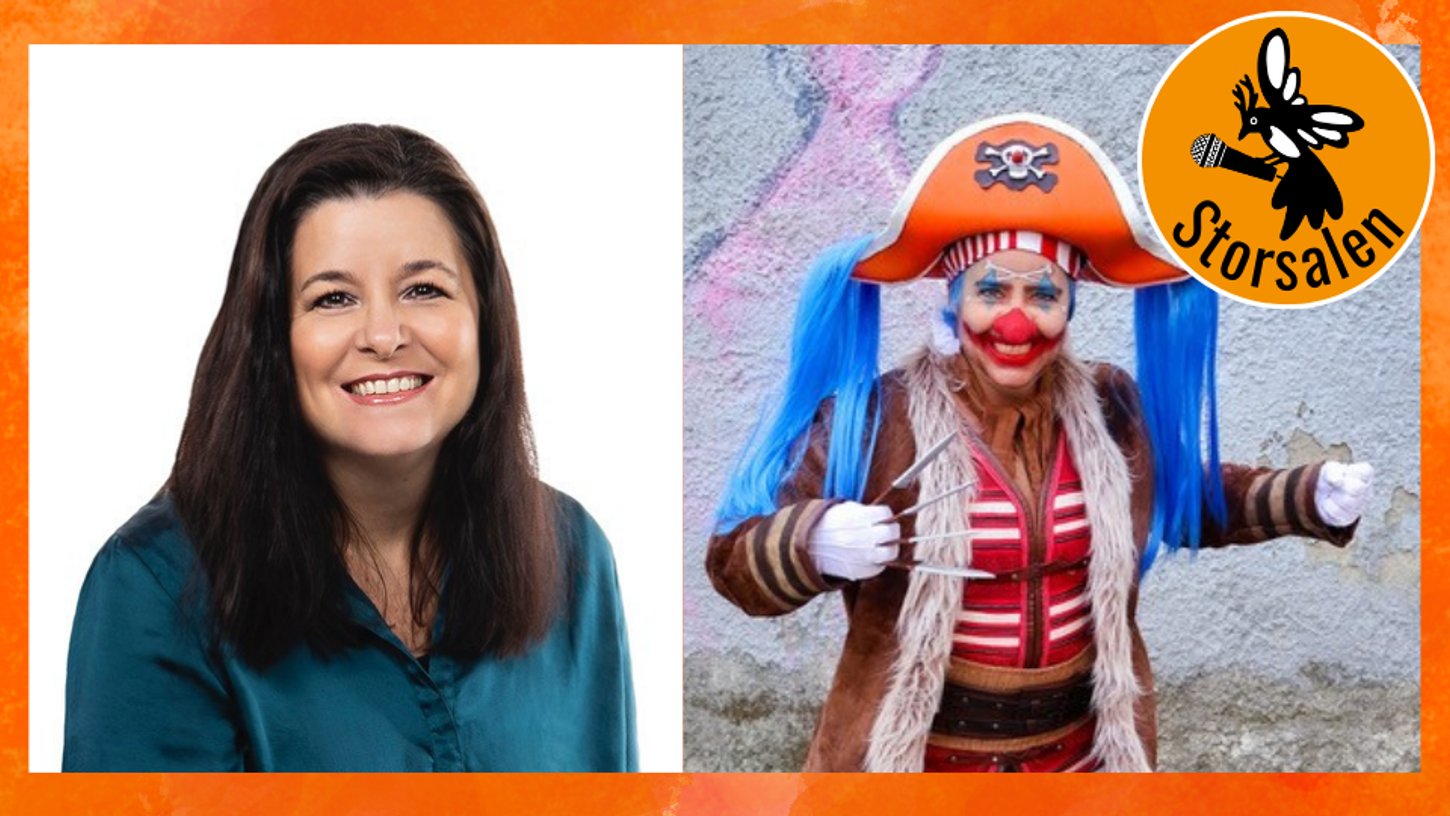 Bilde av Wenke Jortveit vanleg og utkledd som Buggy the clown