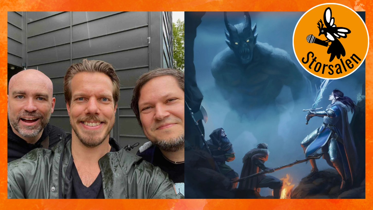 Bilde av Simen, Nicolai og Michael, og coveret på Dragepust-boka