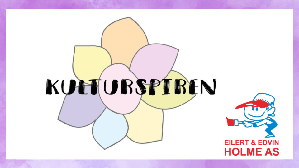 Ein teikna, fargerik blome og logoen til Malermester Eilert og Evin Holme AS.