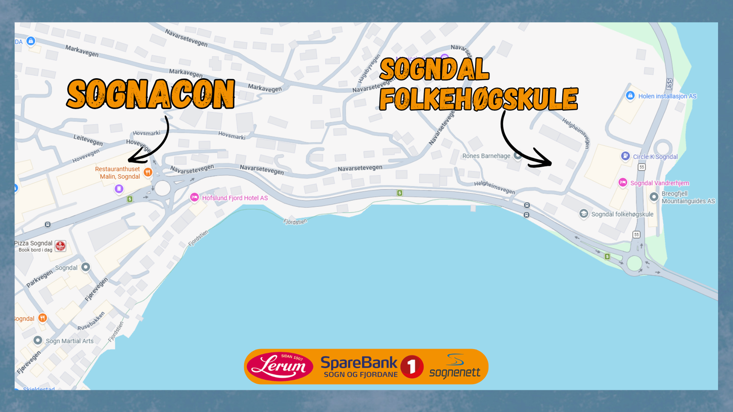 Kart som viser kor Sogndal Folkehøgskule ligg ift SognaCon.
