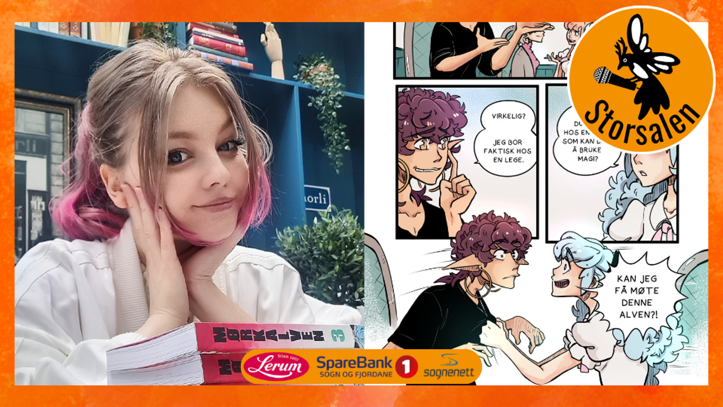 Bilete av Helen Kaldheim sant ei side frå manga-teikneserien.