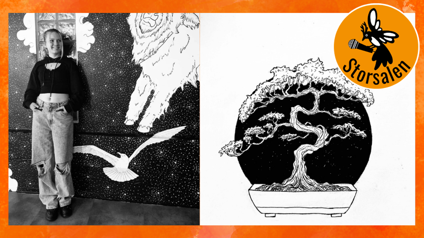 Bilde av Vilde Ylvisåker Førre og ein illustrasjon av eit bonsai tre