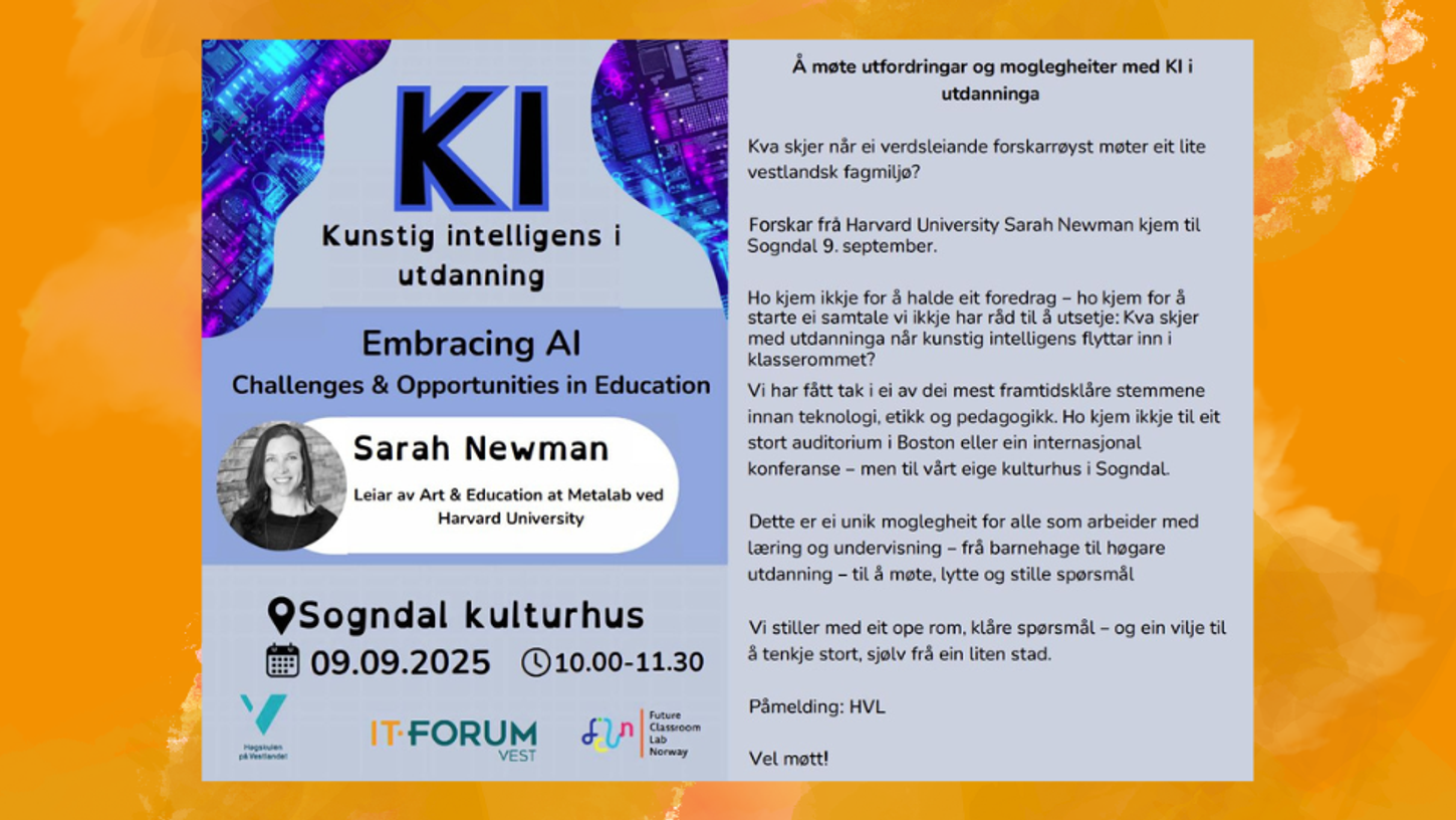 Bilde for Foredrag med Sarah Newman: kunstig intelligens i utdanning