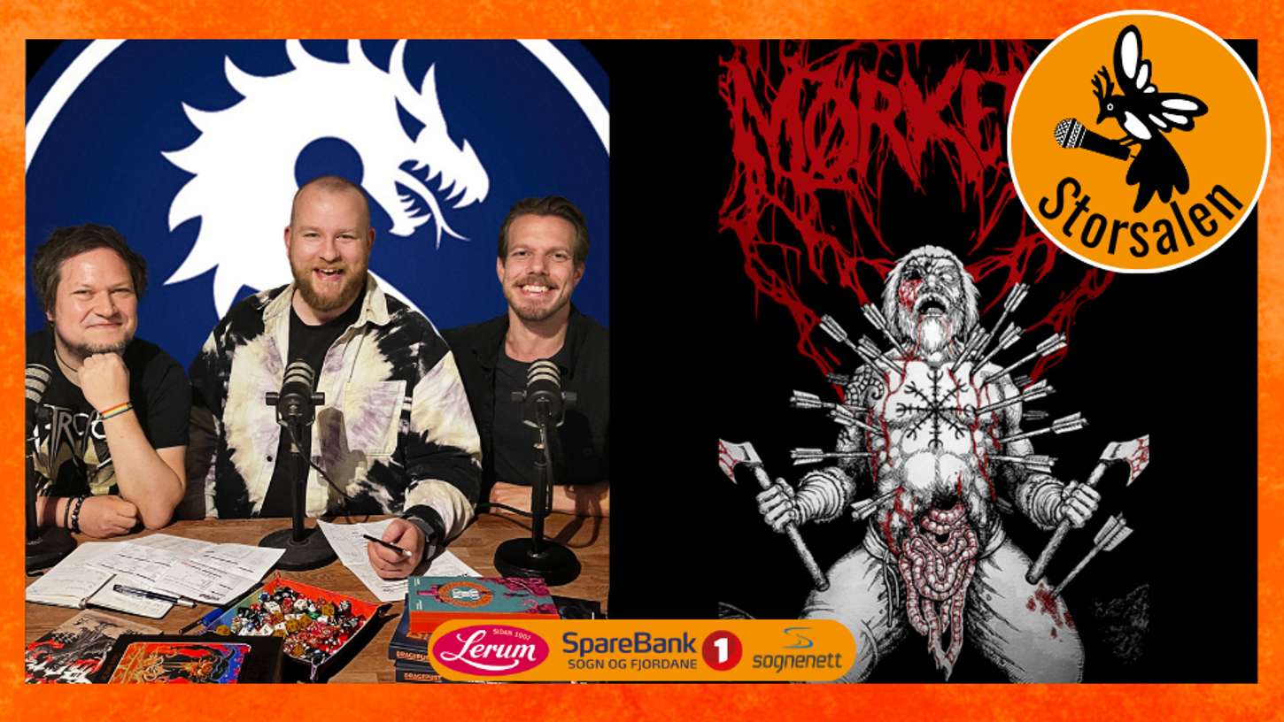 Bilde av Michael, Nicolai og Simen samt ein viking-illustrasjon frå spelet Mørketid.