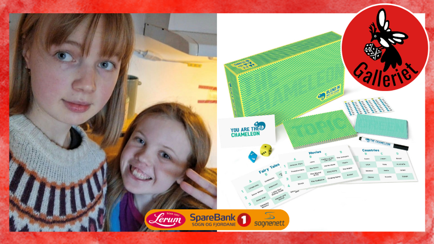 Bilde av Eivor og Anna, og brettspelet Chameleon.
