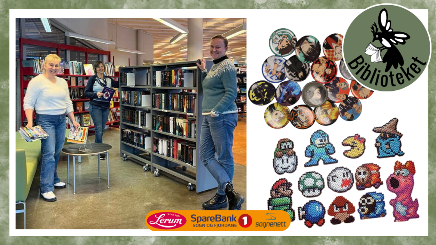 Bilde av tilsette på biblioteket med buttons og perlekunst.