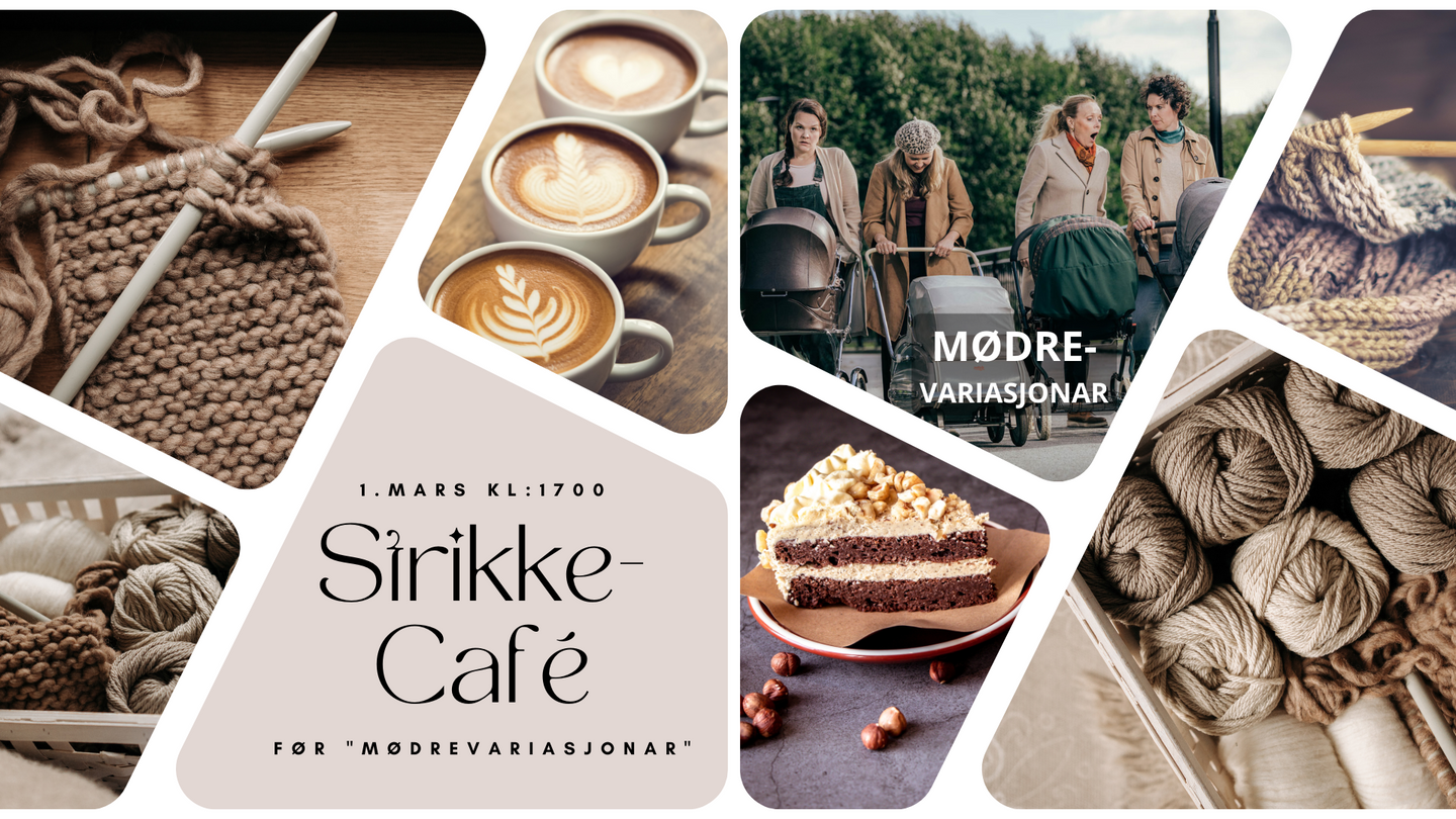 Bilde av strikketøy, kaffe, kaker og skodespelarane i teaterstykket Mødrevariasjonar.