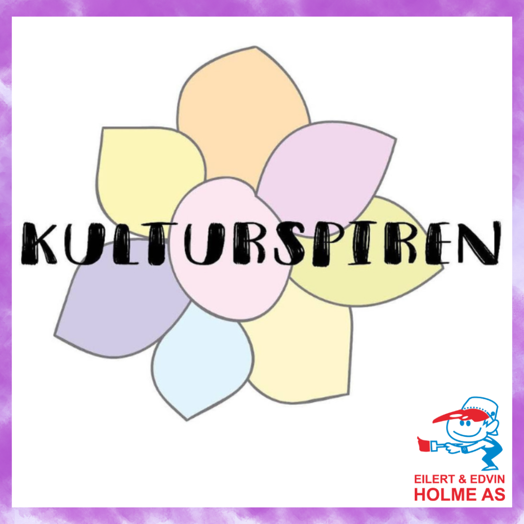 Logoen til Kulturspiren, ein enkel blome mjuke fargar, samt logoen til Eilert og Edvin Holme AS, ein liten malarmann i blått og raudt