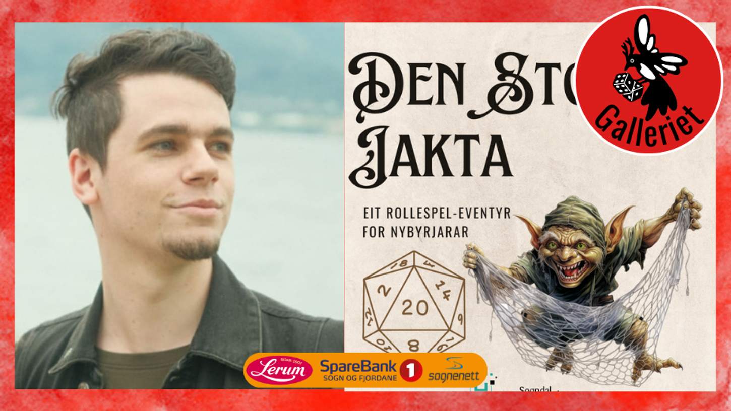 Bilde av Markus og ein illustrasjon frå Den Store Jakta av ein goblin med eit nett i hendene.