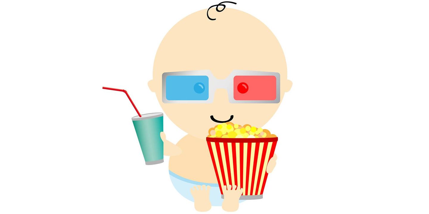 Teikning av ein baby med 3D-briller, popcorn og drikkebeger.