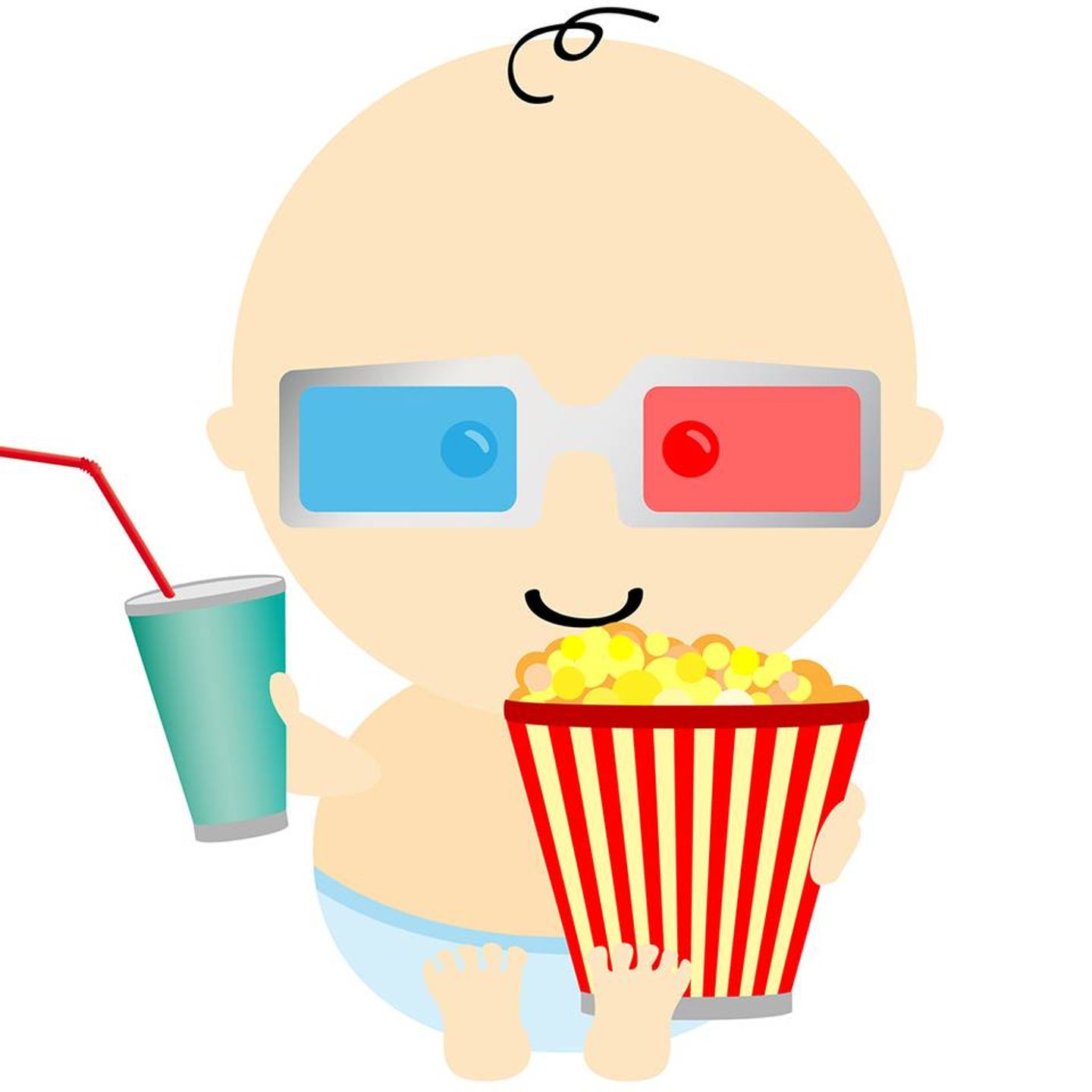 Teikning av ein baby med 3D-briller, popcorn og drikkebeger.
