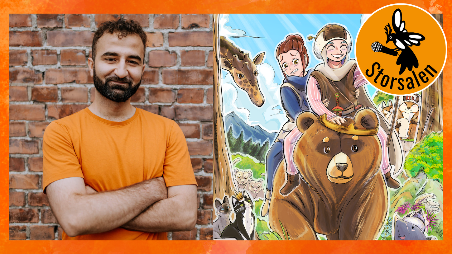 Bilde av Hiwar Nheli og ein illustrasjon frå Mantikorens Kongerike