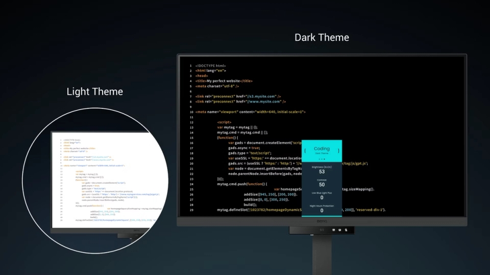 A image of a BenQ Monitor in both light and dark mode