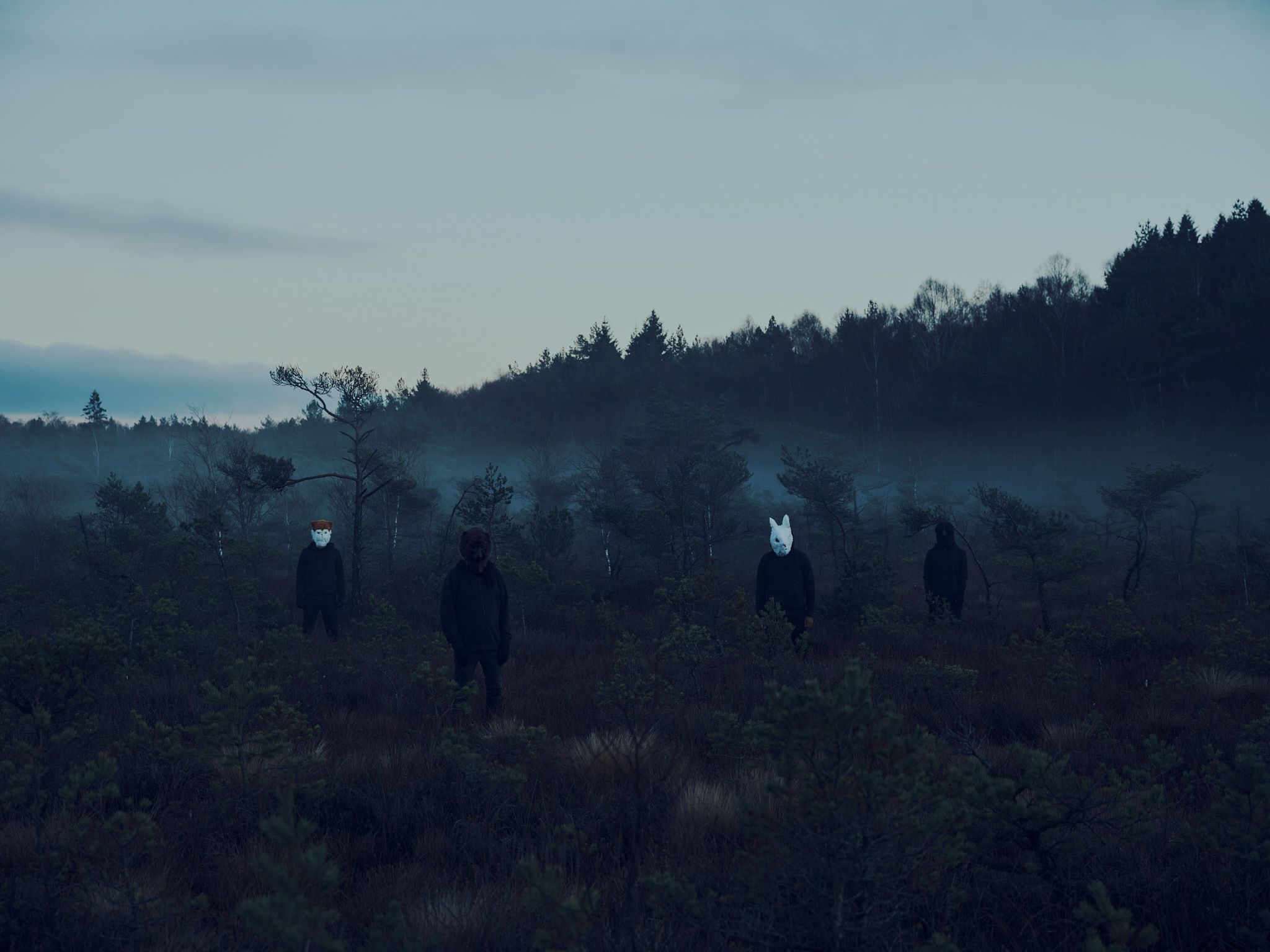 Band photo. The four band members stand in a mist covered mire wearing black clothes and animal masks, resembling from left to right a cat, a bear, a rabibit and a crow.