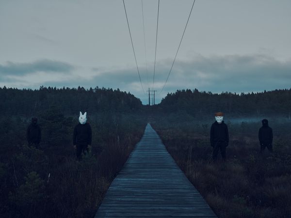 Band photo. The four band members stand in a mist covered mire wearing black clothes and animal masks, resembling from left to right a bear, a rabbit, a cat and a crow. Between the rabbit and crow there is a wooden bridge leading towards the horizon and above are high voltage powerlines leading in the same direction.