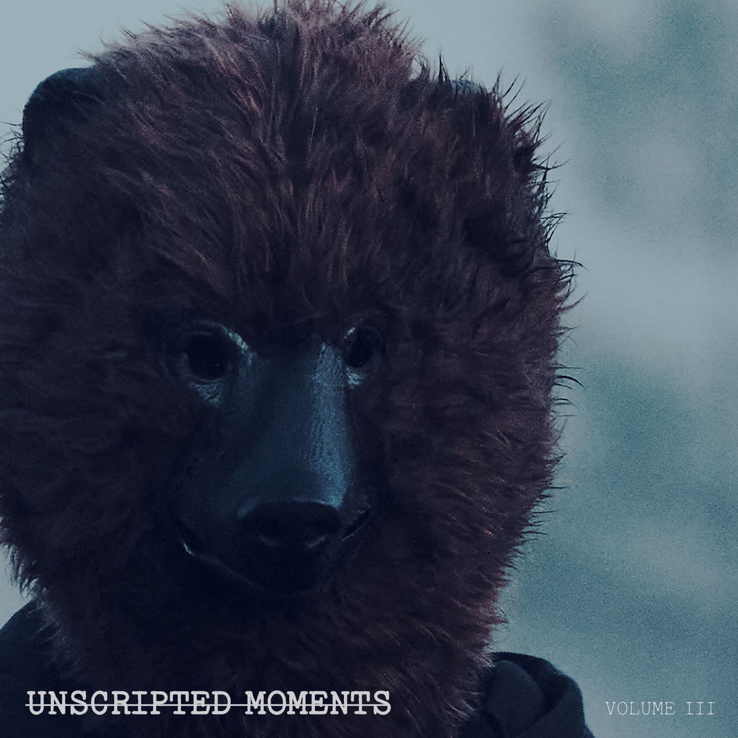 Unscripted Moments vol 3 album cover. The cover portraits a band member wearing a bear mask along with the album title.