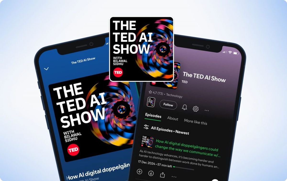 The TED AI Show cover art beside the show open in a podcast app on two phones