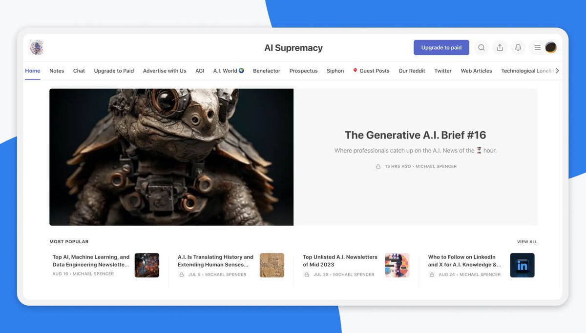 Screenshot of the AI Supremacy publication on Substack: the masthead with an "Upgrade to paid" button, a featured post titled "The Generative A.I. Brief #16" by Michael Spencer, and a "Most Popular" strip of four further posts.
