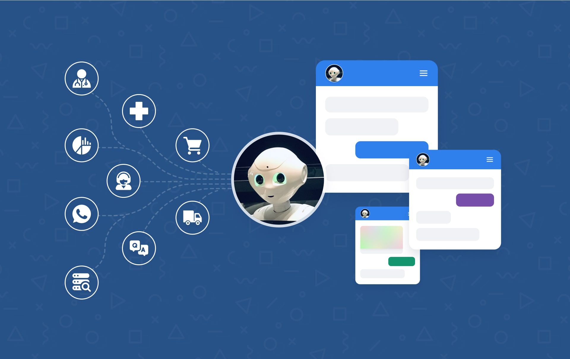 A chat window beside a robot illustration, over the title How do chatbots work