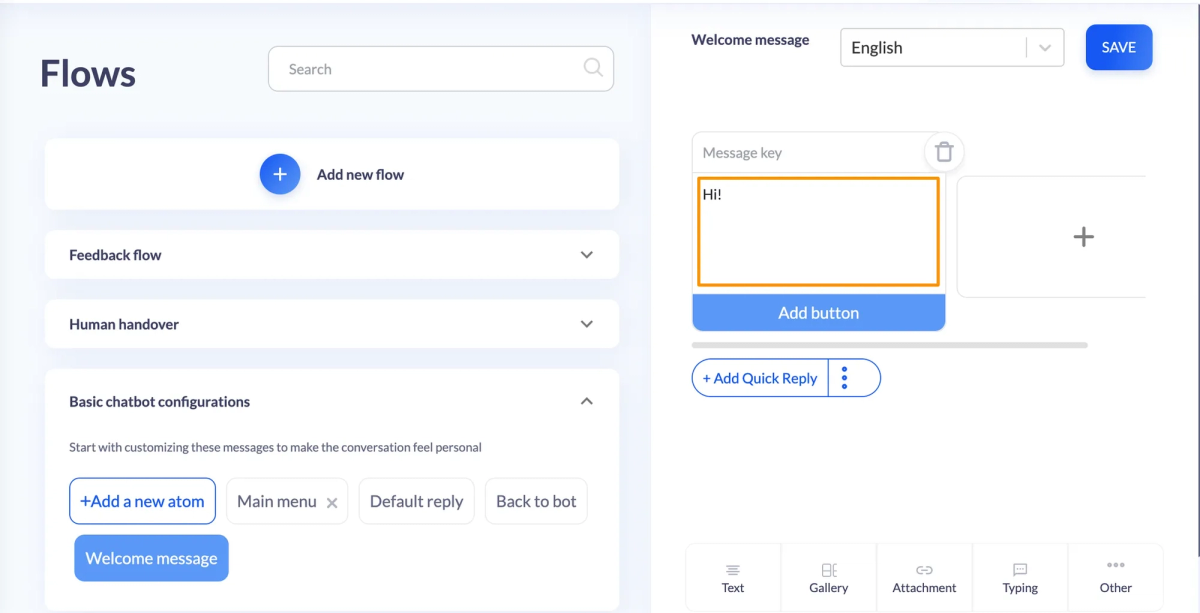 Flows tab with the Welcome message atom selected and the Atom builder open on the right, its message key field highlighted