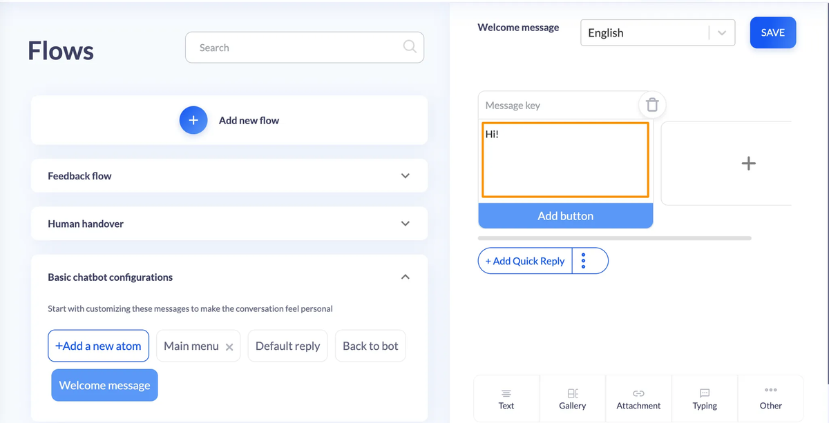 Flows tab with the Welcome message atom selected and the Atom builder open on the right, its message key field highlighted