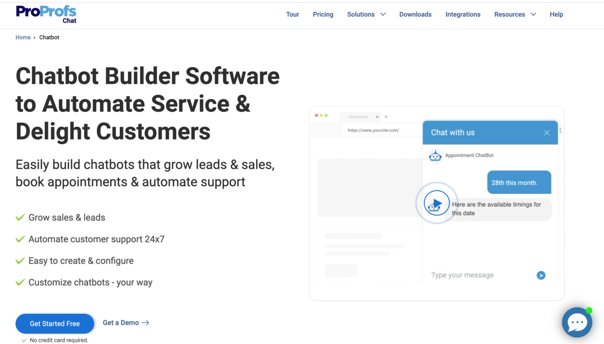 The ProProfs Chat homepage: “Chatbot Builder Software to Automate Service & Delight Customers” beside a chat-widget mockup, with a four-point benefits list.