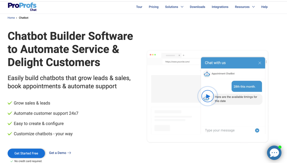 The ProProfs Chat homepage: “Chatbot Builder Software to Automate Service & Delight Customers” beside a chat-widget mockup, with a four-point benefits list.