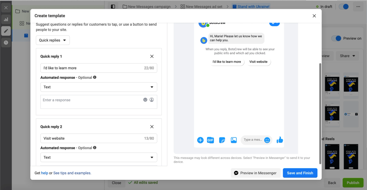 The quick replies editor with “I'd like to learn more” and “Visit website” configured, and the Messenger preview showing both as tappable buttons under the greeting